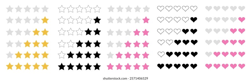 Vector set of rating and vote icons with stars and hearts. Quality review symbols for evaluation and ranking. Flat design elements for UI, app interface, and web classification.