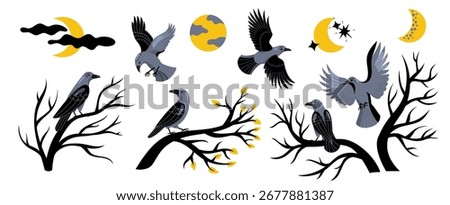 Vector set with ravens, moon phases, stars and bare trees. Perfect for Halloween, gothic design, mystery, fantasy, witchcraft, tattoo art, posters, stickers, book covers and dark aesthetic projects.