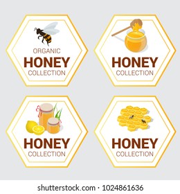 Vector set of Raw Honey labels for greetings and promotion, Bestseller, Best Choice, Sale, Special Offer. Graphic honeycomb, bee, pod, flowers. Banners and sticker.