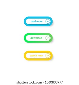 Vector set of read more, download and watch now modern flat buttons for web pages