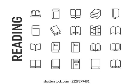 Vector set of reading thin line icons. Design of 20 stroke pictograms. Signs of reading isolated on a white background.