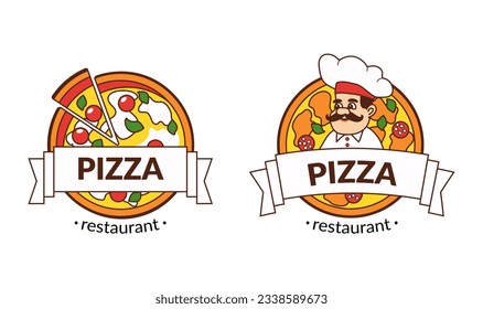 vector set of ready-made logos for pizzeria with image of pizza and chef