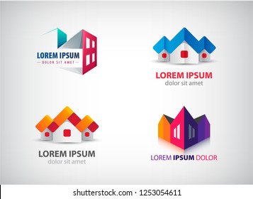 Vector Set Of Real Estate, Houses, Building Logos. Apartment Rent, Origami, 3d House Icons