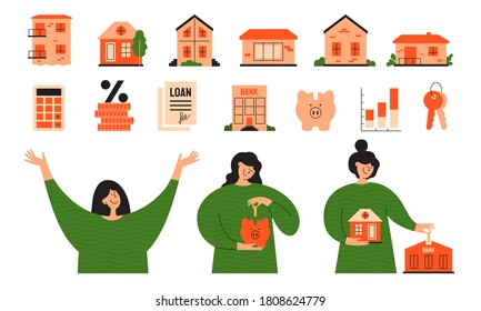 Vector set real estate icons. Stages of mortgage, calculating rate, home loan concept. Happy woman investing money, planning buy house. Cute girl putting coin into piggy bank. Illustrations collection