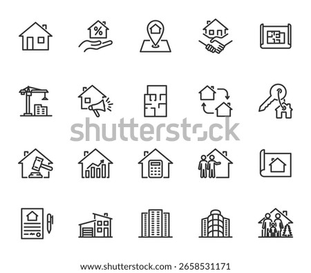 Vector set of real estate line icons. Contains icons  house, apartment, cottage, new building, mortgage,architectural plan and more. Pixel perfect.