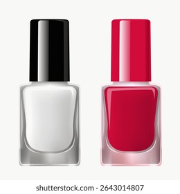 Vector set of realistic 3d bottles of nail polish isolated from background. White and red jars mockup of packages for branding, products. Cosmetic beauty product