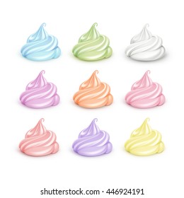 Vector Set of Realistic 3D Colored White Light Blue Pink Yellow Orange Brown Green Lilac Whipped Cream for Dessert Cupcakes Soft Served Ice Cream Close up Isolated on Background