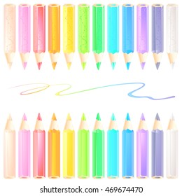 Vector set of realistic 3d colorful pencils on a white background. Glossy plastic tubes filled with bright glowing liquid and bubbles. Unusual luminous decorative pencils of rainbow palette.