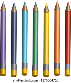 Vector set of realistic 3d colouring pencils the colour of red, orange, yellow, green, blue, dark blue and purple isolated on white bachground.
