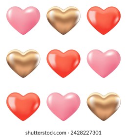 Vector set of realistic 3D hearts. Pink, gold and red heart.