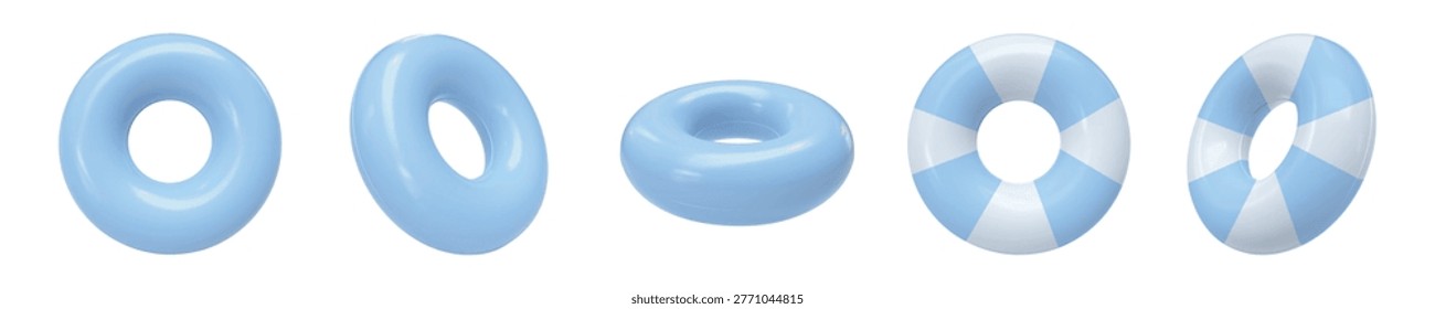 Vector set of realistic 3D rendered swimming rings. Inflatable swim rings in soft pastel blue and blue-white striped. Round Pool floats shown from different angles, isolated. Rubber rings for Pool fun