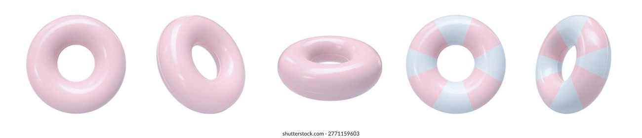 Vector set of realistic 3D rendered swimming rings. Inflatable swim rings in soft pastel pink and pink-white striped. Round Pool floats shown from different angles, isolated. Rubber rings for Pool fun.
