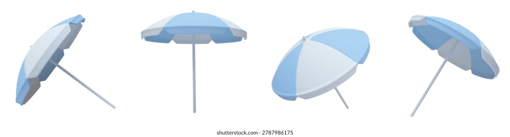 Vector set of realistic 3D rendered beach umbrella. Sun umbrella in soft pastel blue and white. Colorful striped parasol, sunshade shown from different angles and positions, isolated.
