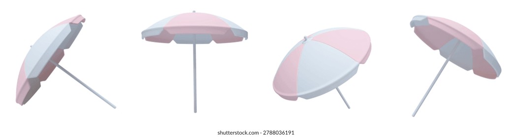 Vector set of realistic 3D rendered beach umbrella. Sun umbrella in soft pastel pink and white. Colorful striped parasol, sunshade shown from different angles and positions, isolated.