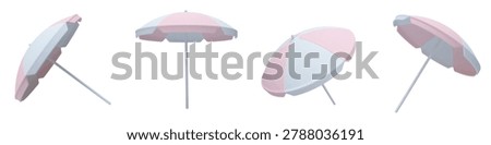 Vector set of realistic 3D rendered beach umbrella. Sun umbrella in soft pastel pink and white. Colorful striped parasol, sunshade shown from different angles and positions, isolated.
