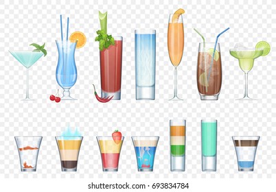 Vector Set of realistic alcoholic cocktails isolated on the alpha transperant background. Club party summer cocktails in mixed glasses. Short and long cocktails collection.