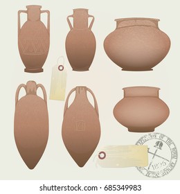 vector set: realistic antique clay pots and amphorae. archaeological objects from the excavations. the seal and tag of the society of archeology.