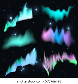 vector set realistic aurora borealis. isolated northern lights in the starry sky. magic colorful glow. light phenomenon of northern nature.