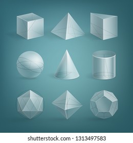 Vector set of realistic basic transparent shapes with outline. 3d math geometry figure: cube, prism, cylinder, cone, sphere, pyramid, octahedron, icosahedron, dodecahedron isolated on background