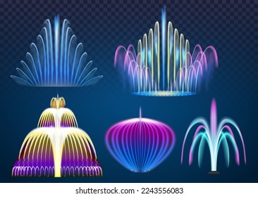 Vector set of realistic beautiful illuminated fountains isolated on a blue background. Multi-colored fountain water jets, night show fountains.