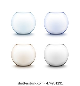Vector Set of Realistic Black Blue Brown Transparent Glass Smooth Empty Fishbowls Aquariums Isolated on White Background