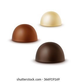 Vector Set of Realistic Black Dark Bitter White Milk Chocolate Candies in Various Shapes Isolated on White Background