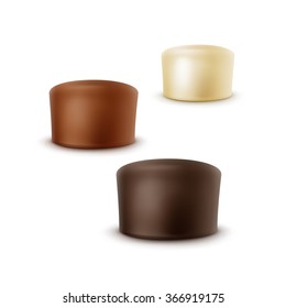 Vector Set of Realistic Black Dark Bitter White Milk Chocolate Candies in Various Shapes Isolated on White Background