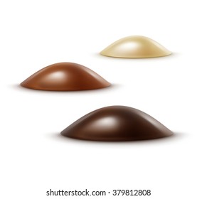Vector Set of Realistic Black Dark Bitter White Milk Chocolate Candies in Various Shapes Isolated on White Background