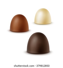Vector Set of Realistic Black Dark Bitter White Milk Chocolate Candies in Various Shapes Isolated on White Background