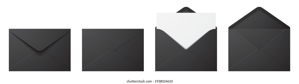 Векторный набор реалистичных черных конвертов в разных положениях. Сложенный и развернутый макет конверта, изолированный на белом фоне.