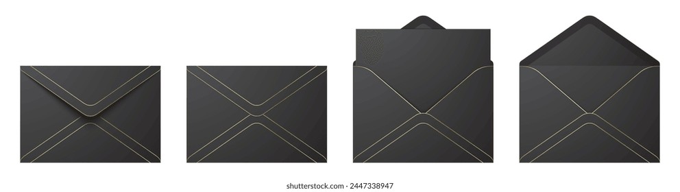 Vektorgrafik-Set von realistischen schwarzen Umschlägen mit goldenen Details, in verschiedenen Positionen. Gefaltetes und entfaltetes Briefumschlag-Mock-up auf einem weißen Hintergrund isoliert.