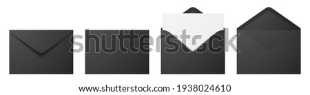 Vector set of realistic black envelopes in different positions. Folded and unfolded envelope mockup isolated on a white background.