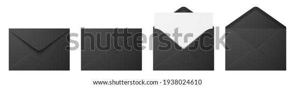 Vector set of realistic black envelopes in\
different positions. Folded and unfolded envelope mockup isolated\
on a white background.