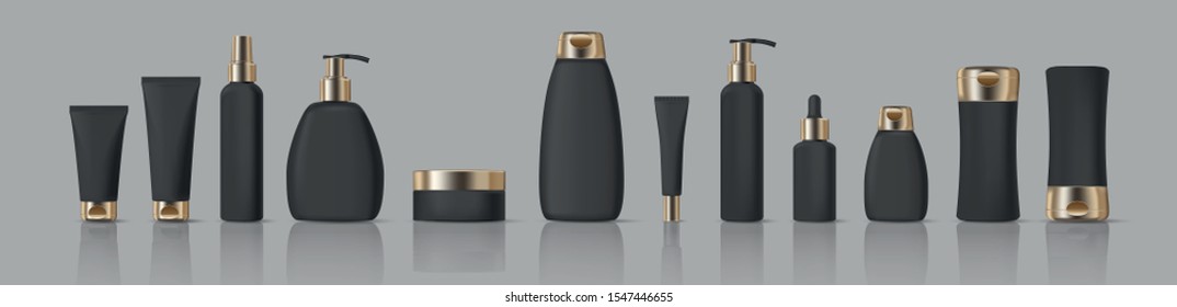 Vector set of realistic black with gold blank cosmetic tubes isolated on grey background