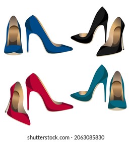 Vector set of realistic black, red, blue, green pumps. High heel shoes isolated on white background.