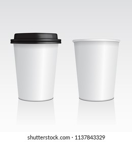 Vector set of realistic blank mock up paper cups with plastic lid. Take out mug for your design