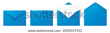 Vector set of realistic blue envelopes in different positions. Opened and closed envelope mockup isolated on a white background.