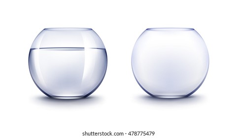 Vector Set of Realistic Blue Transparent Smooth Shiny Glass Fishbowls Aquariums with Water without Fish Isolated on White Background