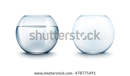 Vector Set of Realistic Blue Transparent Smooth Shiny Glass Fishbowls Aquariums with Water without Fish Isolated on White Background