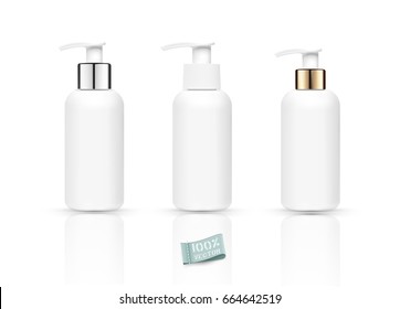 Vector set. Realistic bottles with soap pump isolated on white background. Cosmetic vial wish shampoo,gel. Elements, template for cosmetic business, advertising, promotion