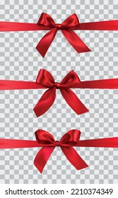 Vector set of realistic bright red shiny ribbons with decorative bow on white background - invitation, gift wrapping or card design