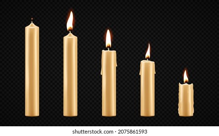 Vector set of realistic burning candles isolated on transparent background