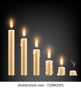 Vector set of realistic burning candles isolated on a transparent background.