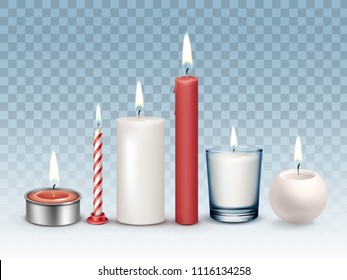 Vector set of realistic burning different white and red candles: short, tall, festive, christmas, with metal and glass candlestick isolated on transparent background