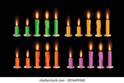 Vector set of realistic burning multi colored candles on black background. yellow, green, pink, candles. Flat illustration vector.