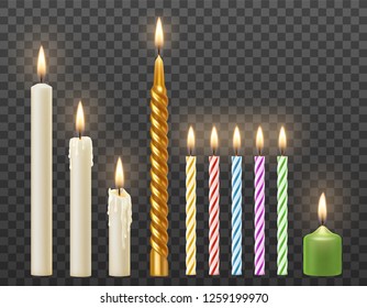 Vector set of realistic burning white candles, birthday party cake colorful twisted candles. Isolated on transparent background