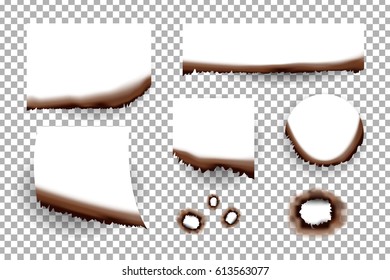 Vector set of realistic burnt paper lists on the transparent background for decoration
