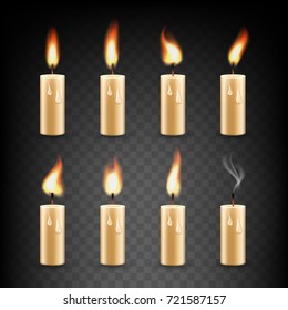 Vector set of realistic candles with fire animation on transparent background.