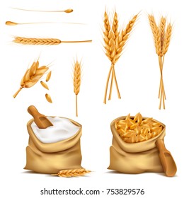 Vector set realistic canvas bags full of grains or cereals, flour, spikes. Harvest of wheat, rye, barley, oat. 3d illustrations, print, design elements