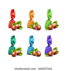 Vector Set of Realistic Chocolate Candies with Hazelnuts in Colored Red Orange Blue Greebn Violet Glossy Foil Wrapper Close up Isolated on White Background